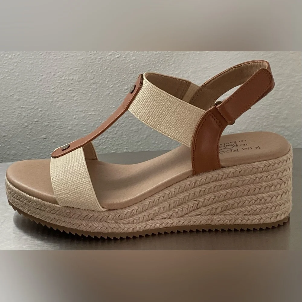 NEW…KIM ROGERS TAN AND CREAM ESPADRILLE WEDGE SANDALS 9